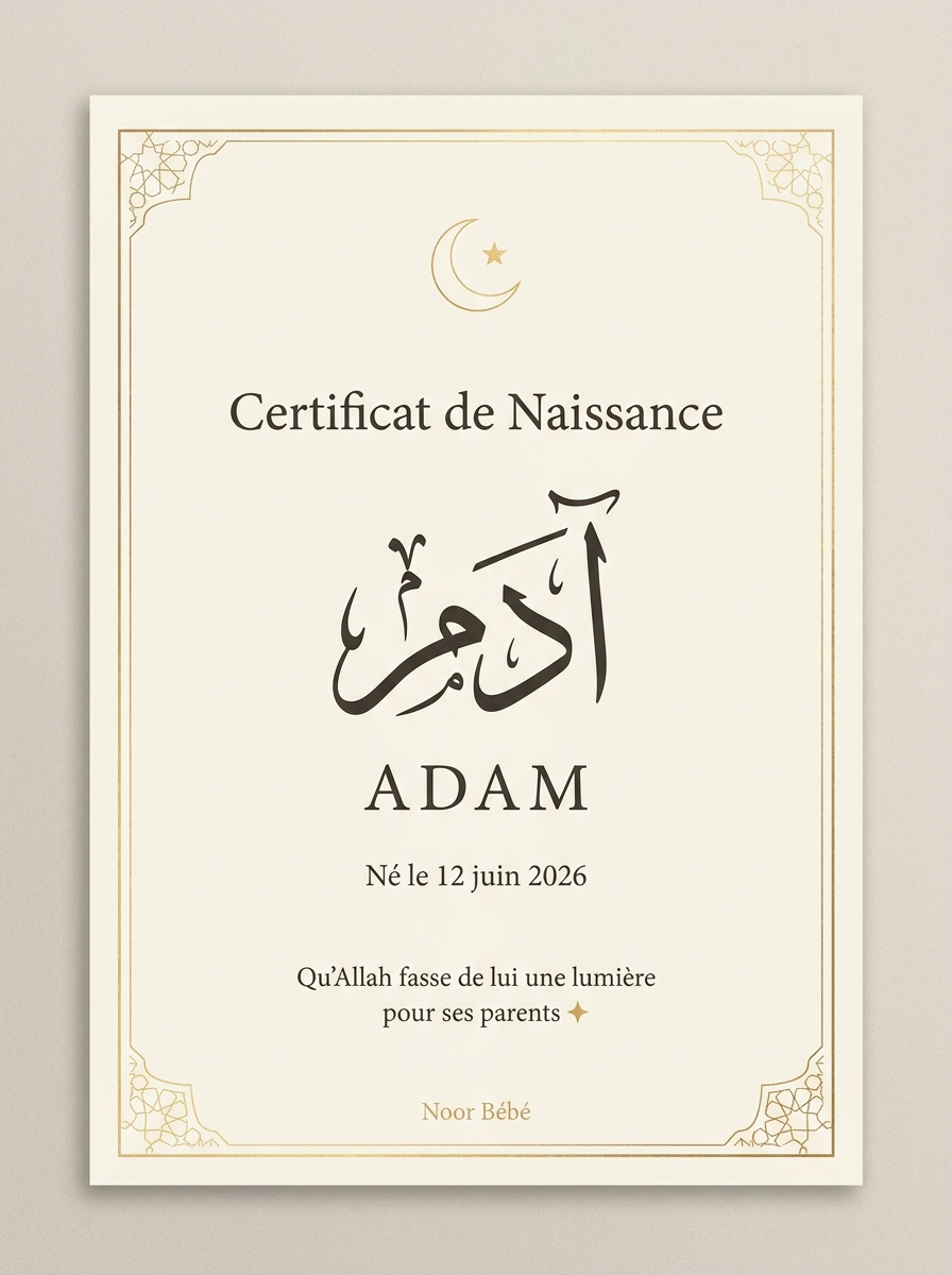 Certificat de naissance calligraphié personnalisé offert avec chaque Coffret Noor (exemple : Adam)