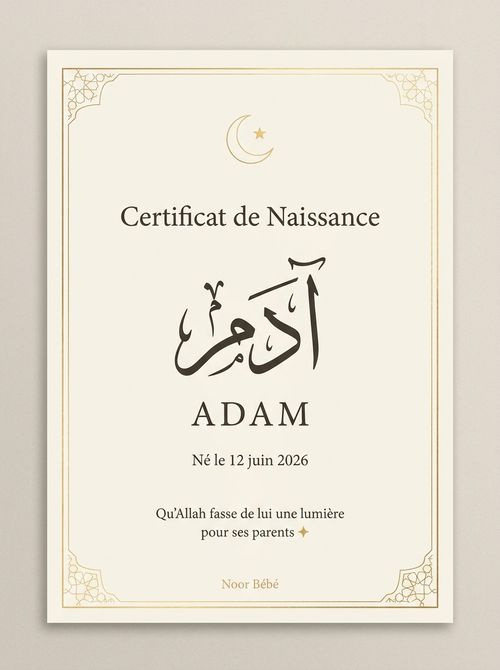 Certificat de naissance calligraphié personnalisé offert avec chaque Coffret Noor (exemple : Adam)