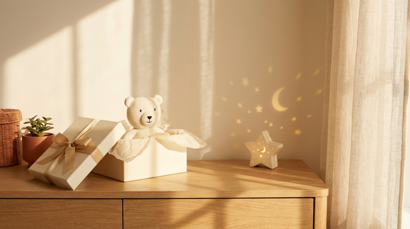 Coffret cadeau Noor Bébé ouvert dans une chambre de bébé, veilleuse projetant des étoiles dorées